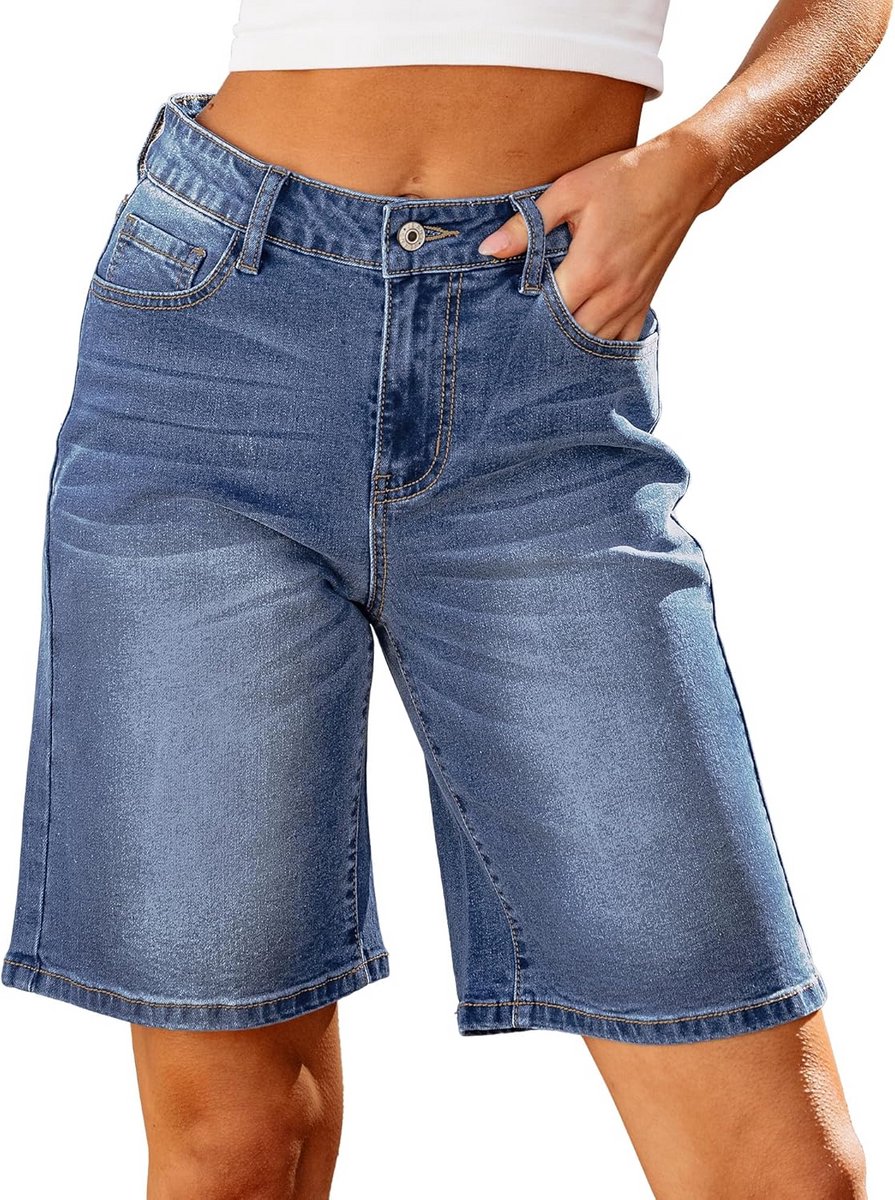 Hoge taille jeans bermuda dames - trendy stretch shorts met losse fit