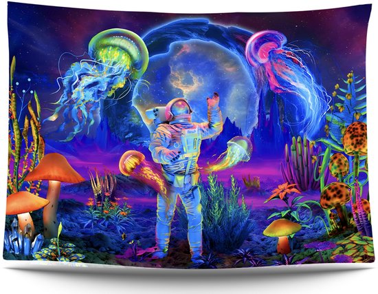 Ulticool Wandkleed 200x150 cm – met Bevestigingspinnen - Astronaut Natuur Hippie Galaxy Heelal Planeten Zonnestelsel Psychedelic - Glow in the Dark feestartikelen - Groot Wandtapijt Poster Tapestry - neon verlichting / UV lamp / blacklight lampen