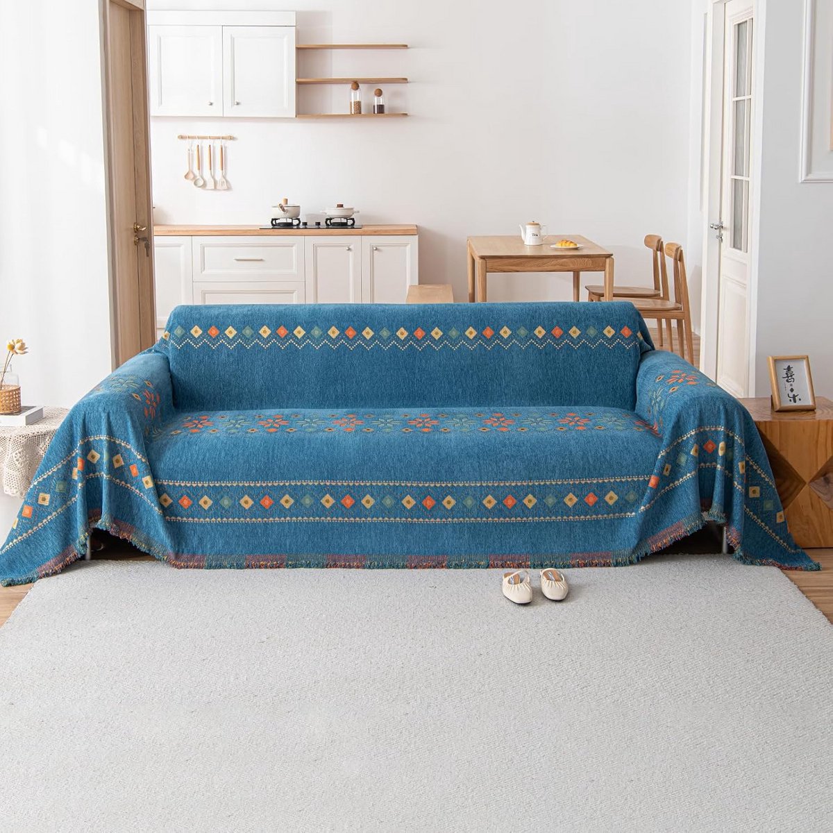 Boho plaid chenille deken - Zachte en wasbare deken voor bank en fauteuil - 180 x 380 cm - Blauw