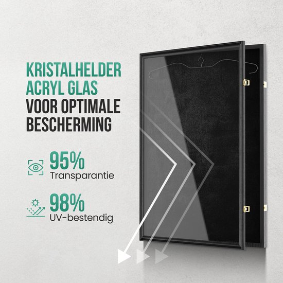 Zwarte wissellijst met kristalhelder acrylglas dat 95% transparantie en 98% UV-bescherming biedt.
