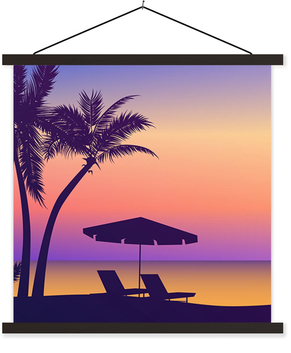 Posterhanger incl. Poster 40x40 cm - Schoolplaat - Strandstoel - Parasol - Nacht - Tekenin