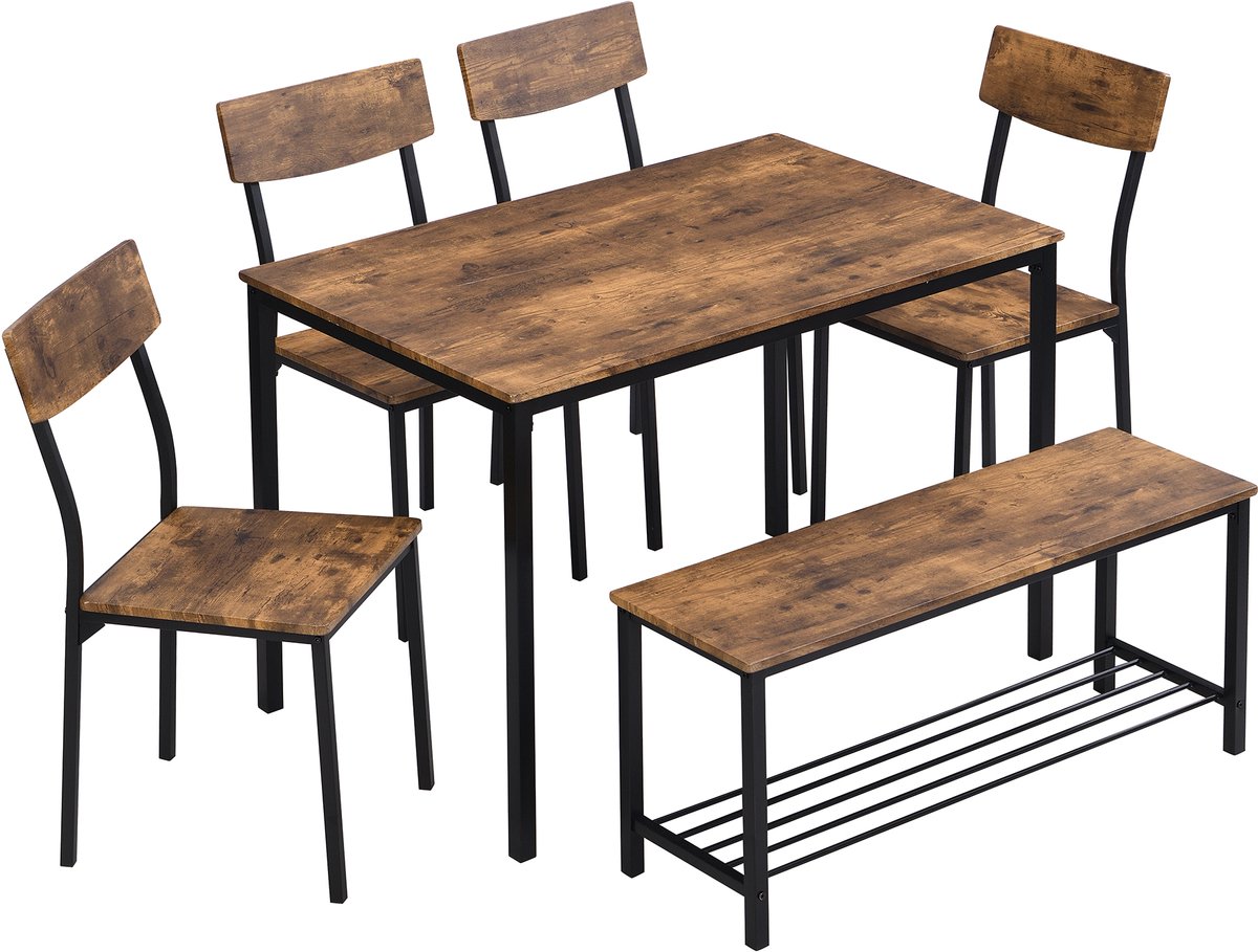Eettafel, stoelen en bank set, 6-delig, houten en stalen frame, industriële keukeneetkamerset