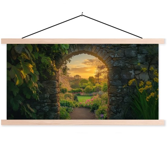Posterhanger incl. Poster 60x30 cm - Schoolplaat - Poort - Planten - Zonsondergang - Textielposter - Blanke latten