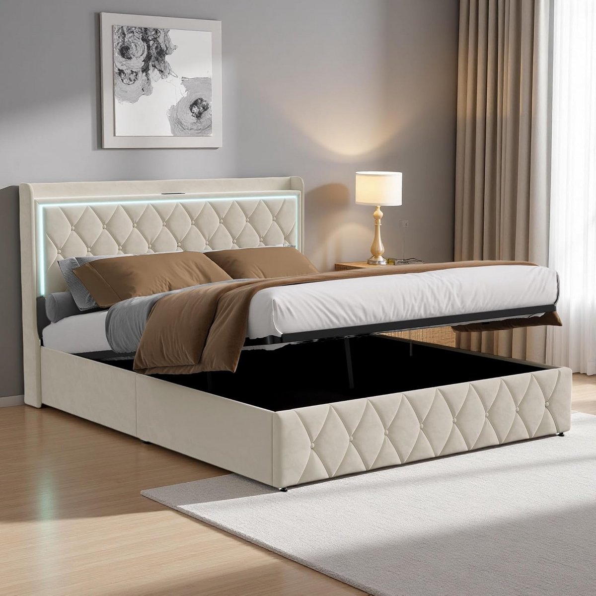 Tweepersoonsbed 140 x 200 cm met opbergruimte en leeslamp - Beige fluwelen bed met lattenb