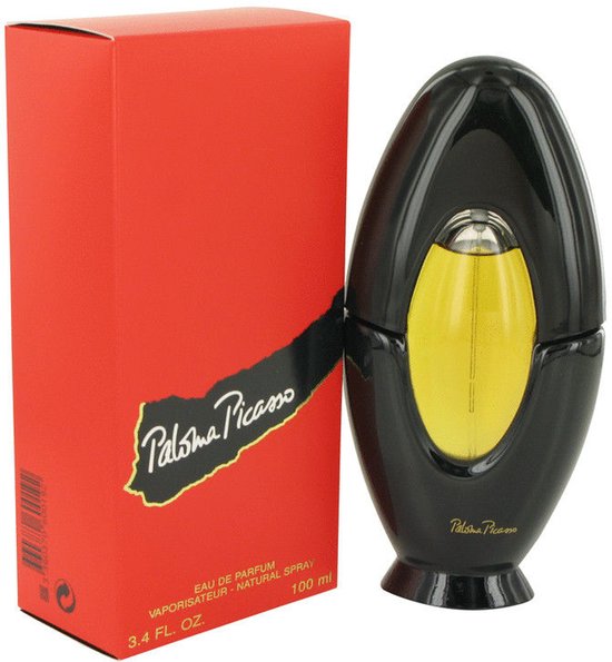 Zwarte parfumfles met gele vloeistof en rode doos. Paloma Picasso Eau de Parfum 100ml.