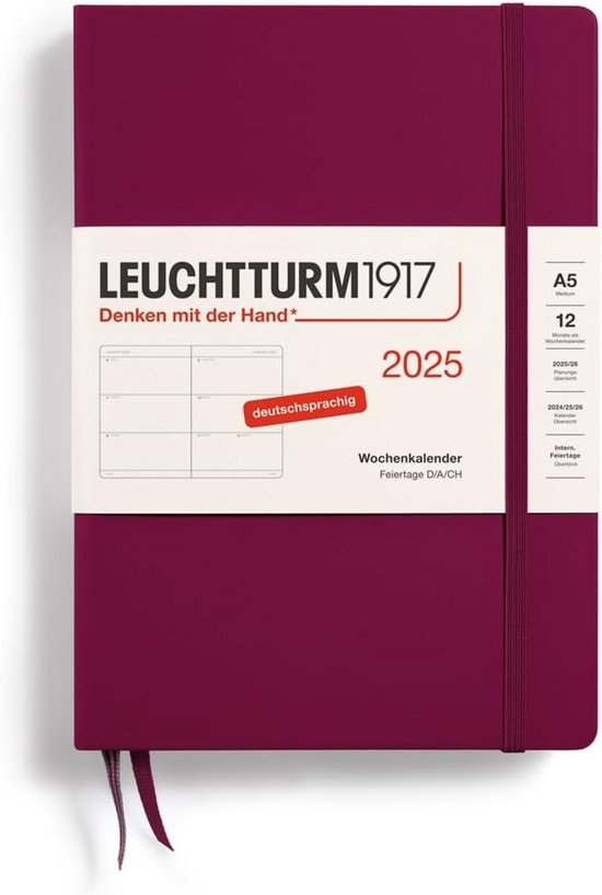 LEUCHTTURM1917 370662 weekkalender & notitieboek gestippeld medium (A5) 2025, poort rood, Engels