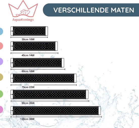 Verschillende maten aquariumlampen, van 30cm 10W tot 120cm 36W, met LED's.