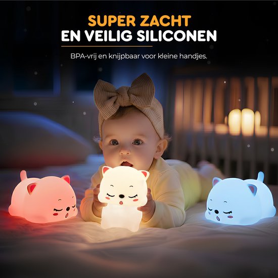 Luna Nachtlampje Kinderen LED - Slapende Kat Nachtlamp - Siliconen Baby Nachtlamp - Touchbediening - Kleurveranderend - Dimbaar - Draadloos - USB-C Oplaadbaar - Luna van Merkloos — afbeelding 2