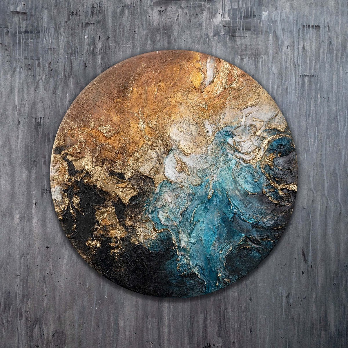 YS Rond canvas schilderij ⌀100 cm handgeschilderd stroom van elementen abstract – YS-Art Gallery – Krachtige wanddecoratie voor woonkamer en hal Round