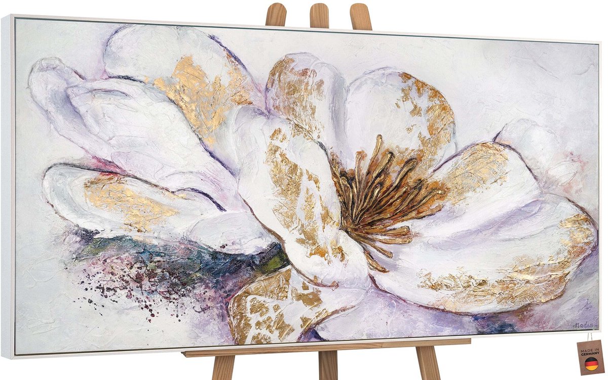YS Canvas schilderij groot handgeschilderd gouden pioen bloem luxe – YS-Art Gallery – Luxe wanddecoratie voor woonkamer – Modern schilderij voor slaapkamer en hal White