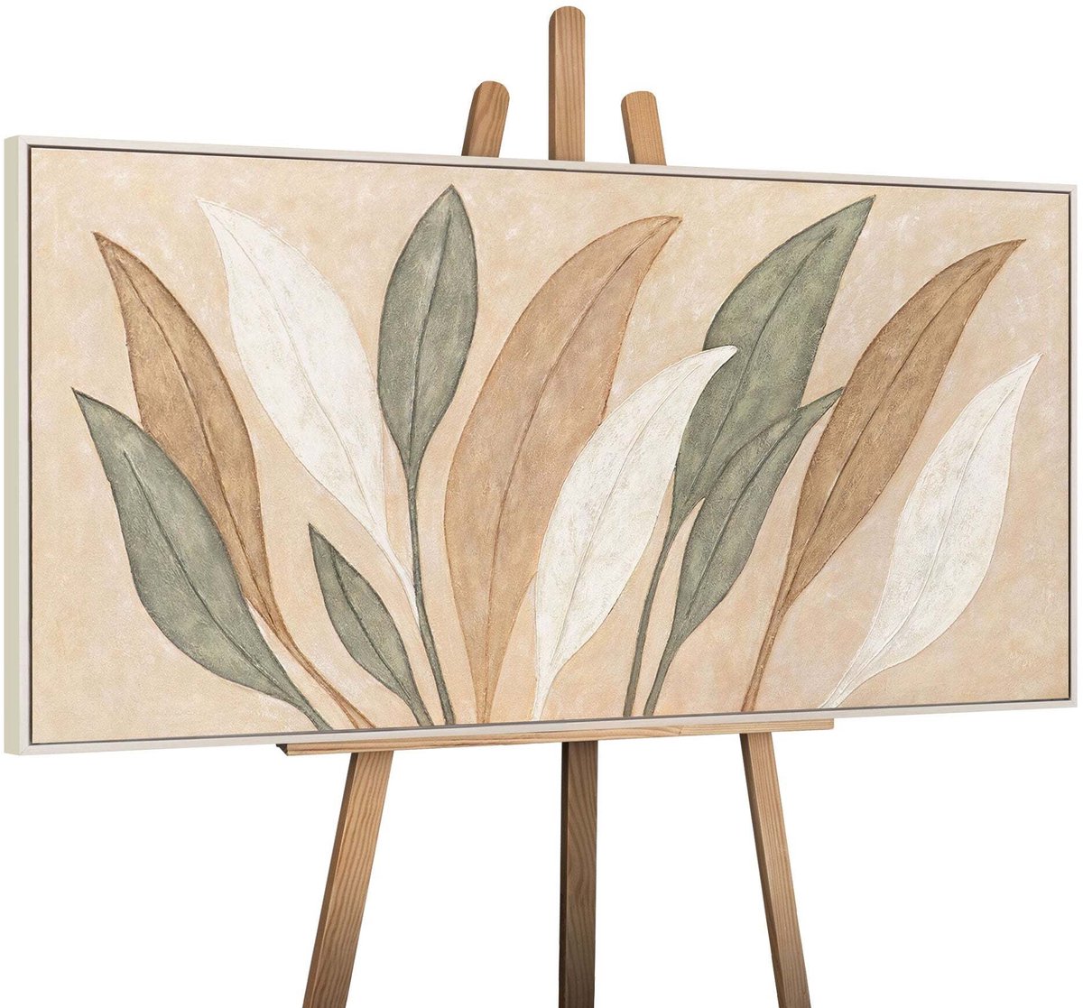 YS Canvas schilderij handgeschilderd dance of leaves abstract – YS-Art Gallery – Luxe wanddecoratie voor woonkamer – Modern schilderij voor slaapkamer en hal Beige