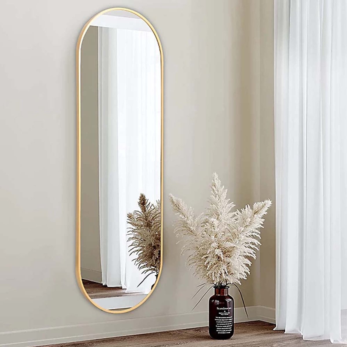 SERALUXE Ovale Wandspiegel -150x40cm Goud - Ovaal Passpiegel - Ovale Spiegel - HD Mirror - Moderne Spiegel - Wandspiegel Met Haken - Kleedkamer - Hal - Slaapkamerspiegel -Badkamer - Luxe - Metaal - Oval Hangspiegel - Interieur - Woondecoratie