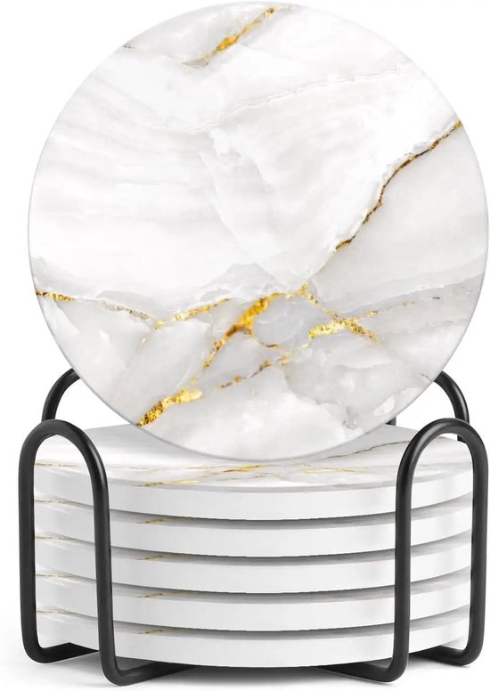 Dessous de verre – Dessous de verre en céramique design avec support – ensemble de 6 – Calacatta Gold