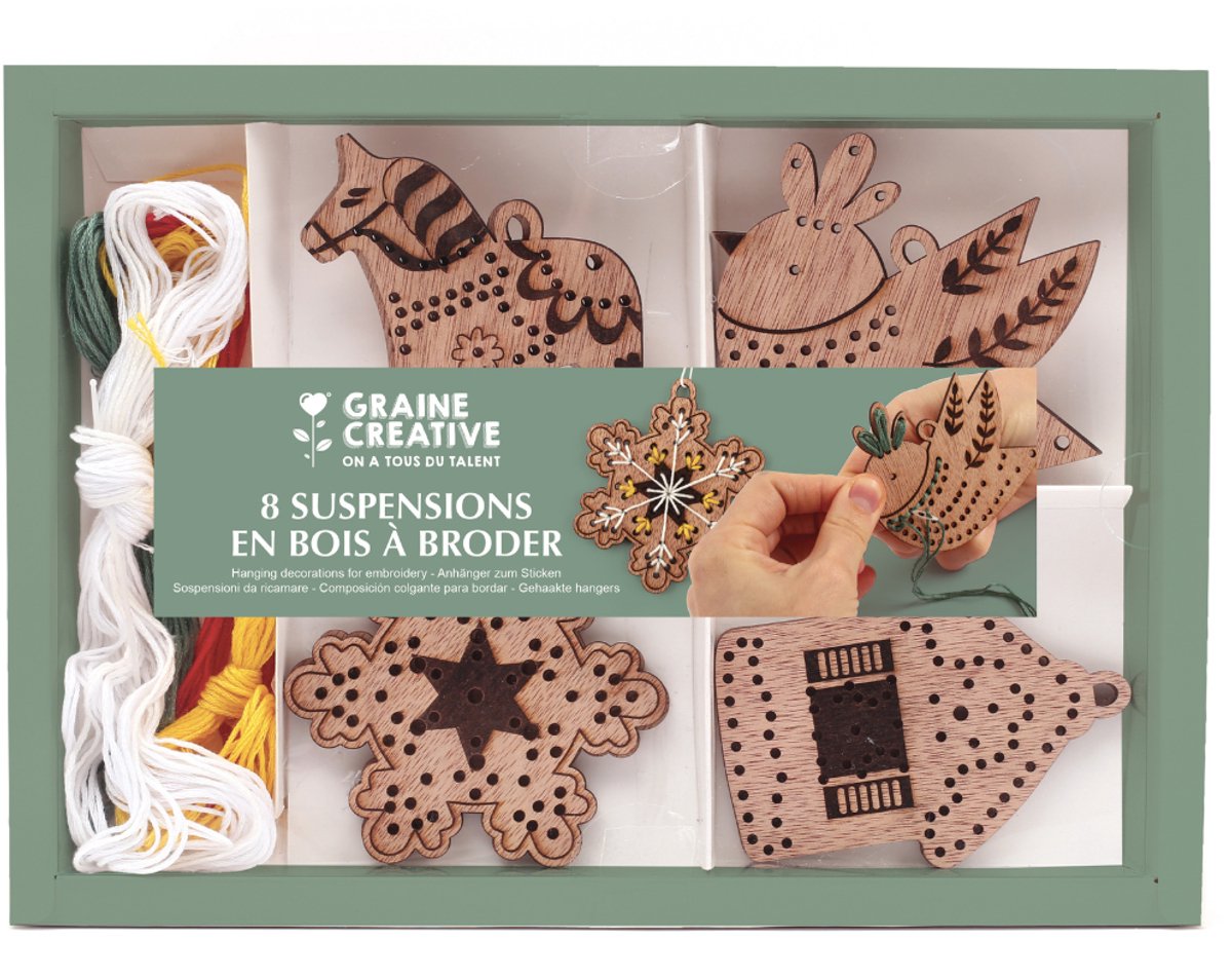 Graine Creative houten borduurhangers kerstdecoratie set - 8 stuks.