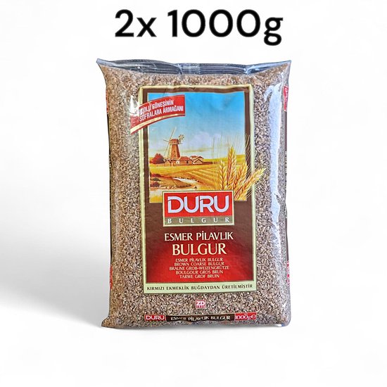 Zak met 2x 1000g Duru Esmer Pilavlik Bulgur, grof bruin tarwebulgur.