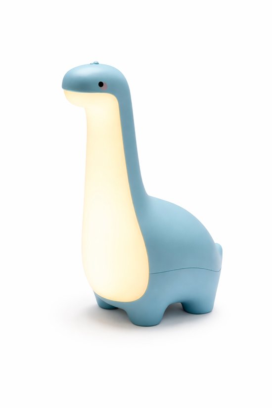 Blauwe dinosaurus nachtlamp met zacht, warm licht en schattige oogjes.