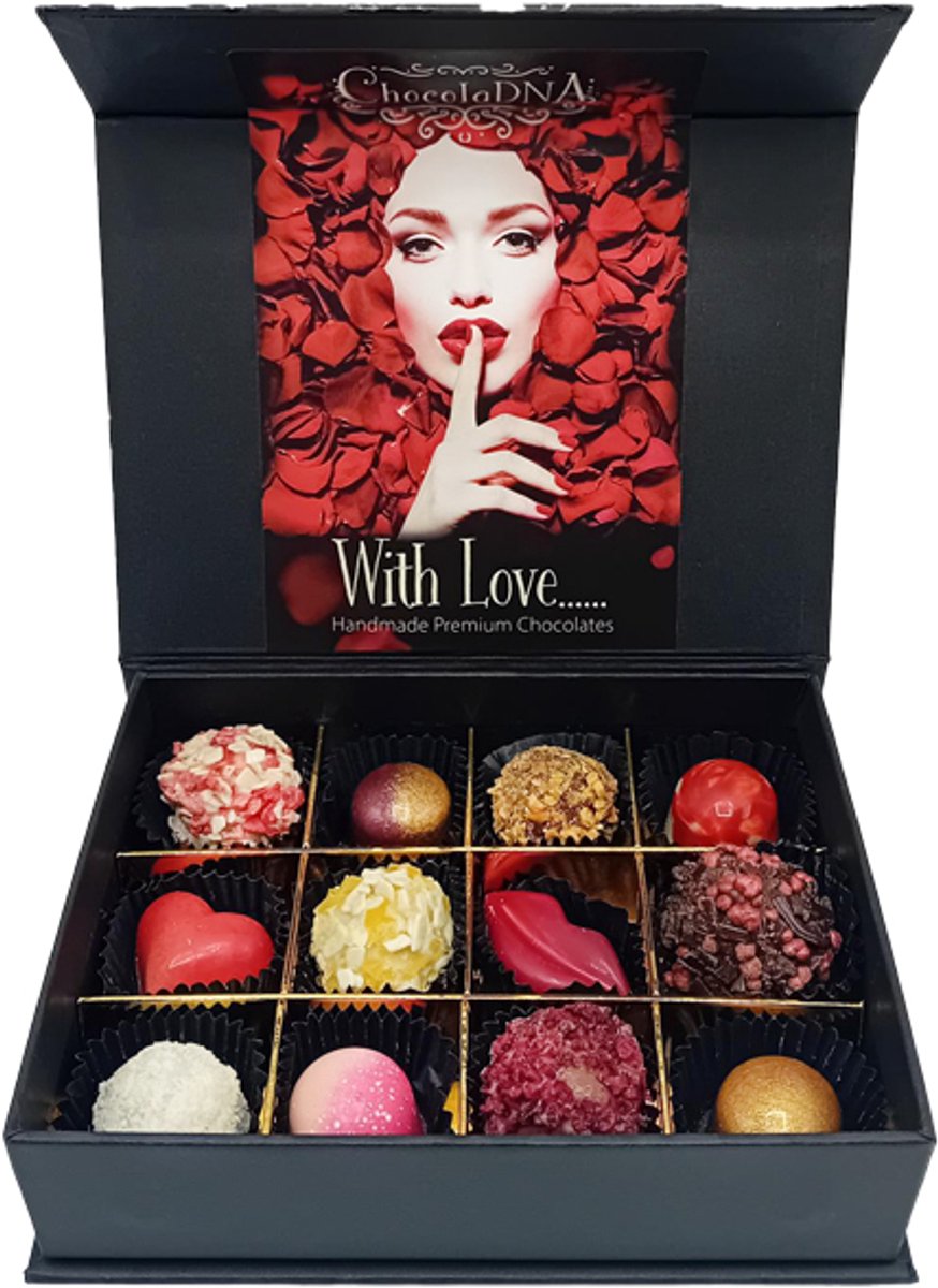 Valentijn/LOVE klein -12stuks-Chocoladecadeau_Pralines_Truffels_Verjaardagscadeau_Valentijn_Geschenkdoos_Valentijsgeschenk_Valentijschocolade_Love_Liefde_Valentijnsdag_Hartjes_Zoentjes.