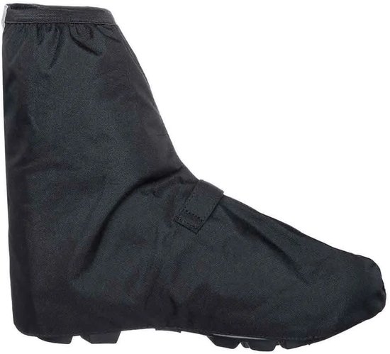 Zwarte fietshoes voor schoenen, met klittenbandsluiting aan de zijkant.