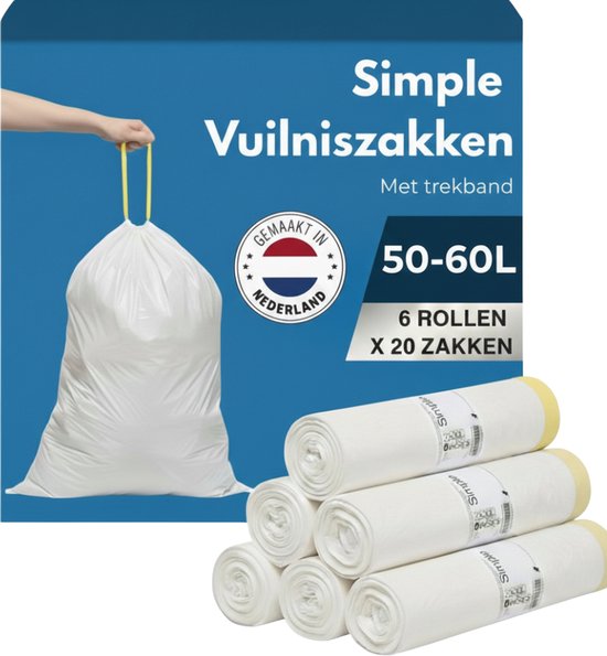 Une main tient un sac poubelle blanc avec cordons de serrage. 6 rouleaux de sacs poubelles de 50-60L.