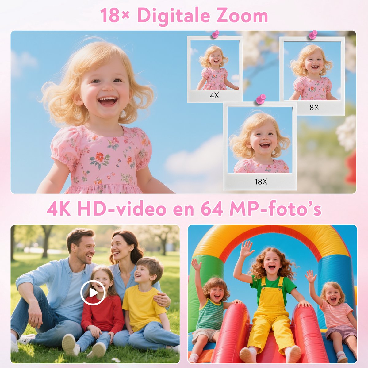 Digitale Camera 4K - 64MP Fotokamera - Fototoestel met 2.8 Inch LCD Scherm - 18X Digitale Zoom - Compact en Draagbaar Ontwerp - Beeldstabilisatie - USB-C Aansluiting - Inclusief 32GB SD Kaart - Vlog Camera - Roze thumbnail 4