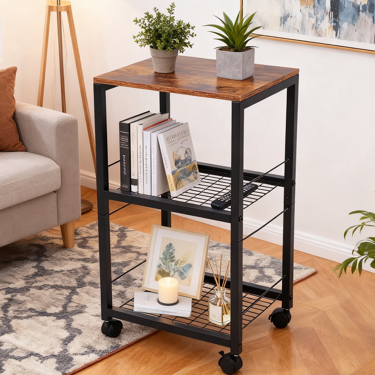 CHIWIN Keuken Trolley Op Wieltjes - 3-Lags Serveerwagen Hout & Metaal - Industrieel keukentrolley - Keuken Organizer met 360° Wielen - Hoge Draagkracht - voor Keuken, Woonkamer, Badkamer, Slaapkamer