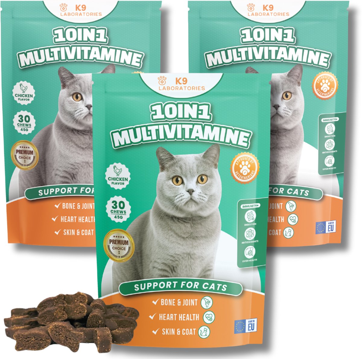 10 in 1 Multivitamine voor katten - voedingssupplement kat - voor gewrichten, weerstand, huid en vacht, spijsvertering - 100% natuurlijk - Kattensnoepjes - 90 stuks