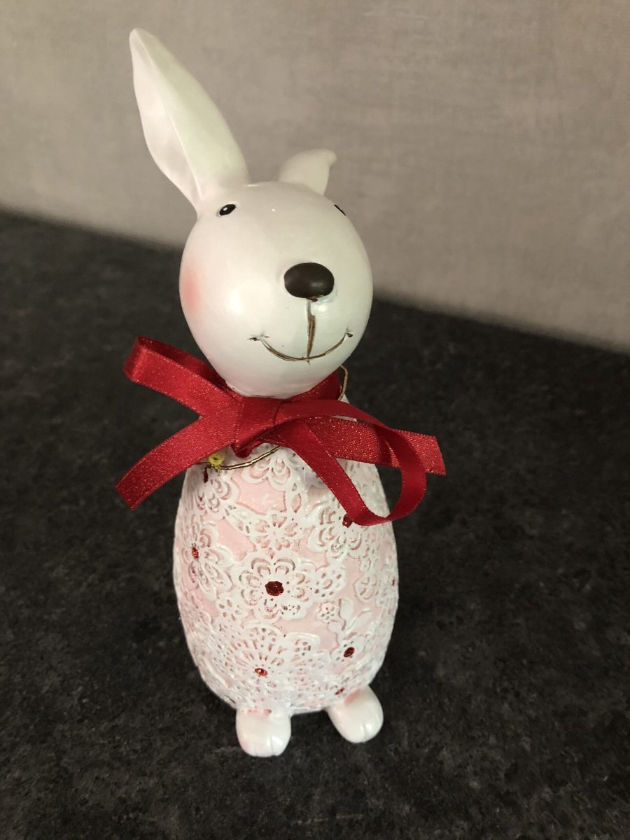 Konijn Pinkie met Strik - Keramiek - Wit/Rood
