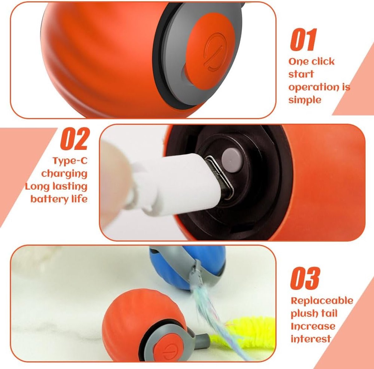 2 stuks Interactieve katten speel goedbal - Met vervangende veren - Kattenspeelgoed Interactief - Automatisch bewegende bal - automatische kattenbal met staart - Hondenspeelgoed - Oplaadbaar - Geschikt Voor Katten en Kleine Honden - blauw + oranje — afbeelding 7