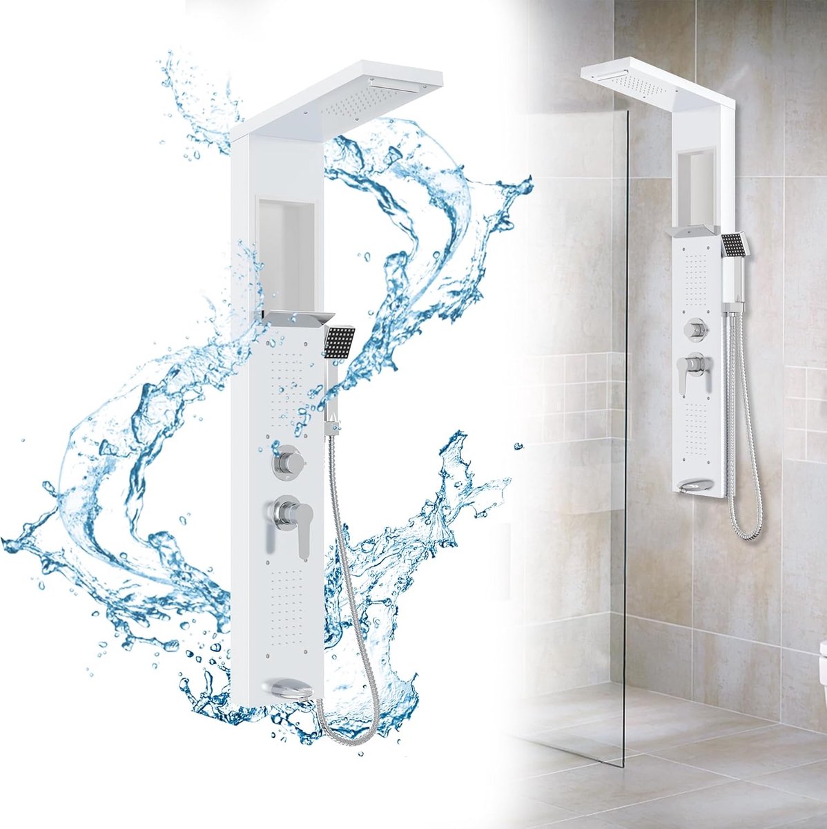 Aufun Douchepaneel RVS met planken - Mat Wit - 5-in-1 Douchesysteem met Regendouche, Waterval, Massage & Handdouche
