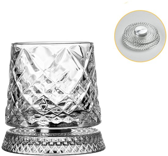 Verre à whisky rotatif à motif losange, 260 ml. Couvercle en verre inclus avec bouton argenté.