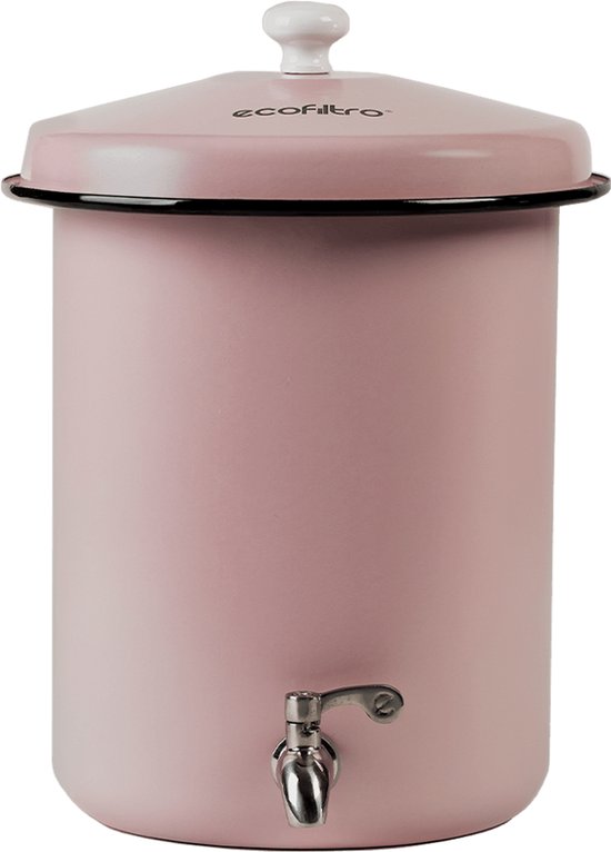 Ecofiltro 5 liter waterfilter in baby pink met geëmailleerd stalen behuizing en RVS kraantje