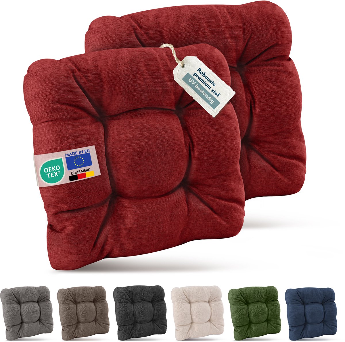 Beautissu Set van 2 Premium Stoelkussen 40x40 cm Rood – UV-bestendig & Robuuste Zitkussen Stoel Outdoor 8 cm dik Tuin Stoel Kussen voor Balkonstoel Tuinstoel Zitkussen Indoor – HighLux SK