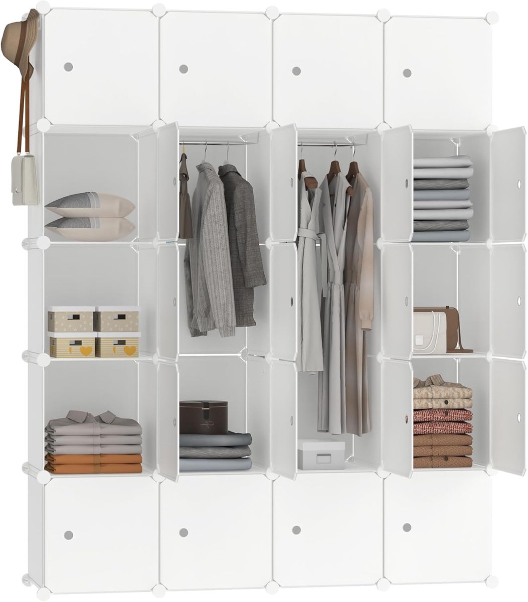 Aufun Modulaire kledingkast - 20 vakken - Met schoenenrek en kledingstang - Wit