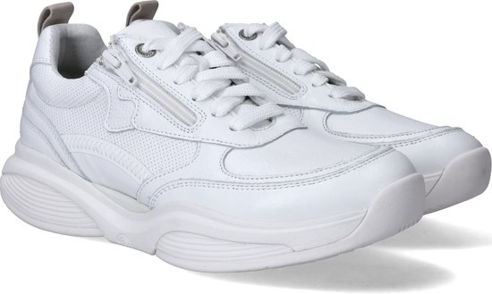 Deux baskets blanches Xsensible Stretchwalker avec lacets et fermeture éclair, vues de côté.