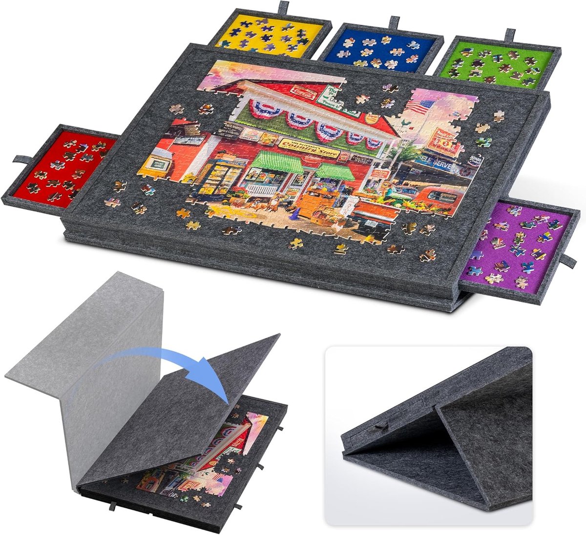 Puzzeltafel met Lades Tot 1000 Stukjes - Draagbaar Puzzelbord met 6 Lades - Puzzelbord met 2-In-1 Standaard en Deksel - Ultralichte Vilten Puzzeltafel