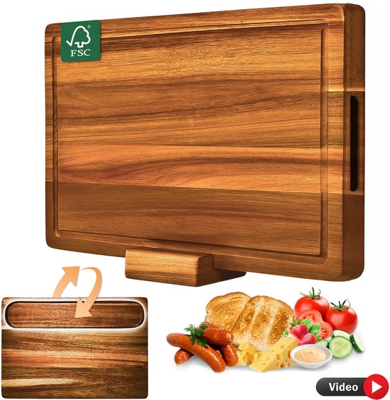 Snijplank Acacia Hout - Dubbelzijdige Houten Snijplank 38×26×3 cm - Met Unieke Serveergeul & Standaard