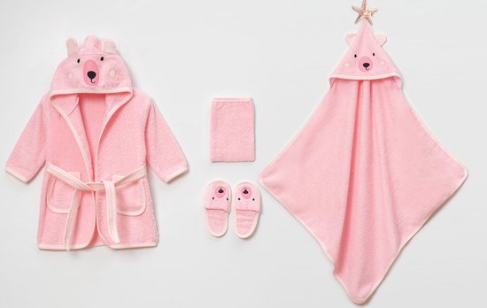 Baby Badset BEER 4-delig Roze – Badjas, Badcape met Capuchon, Slofjes & Washand – 100% Katoen – 1-2 Jaar