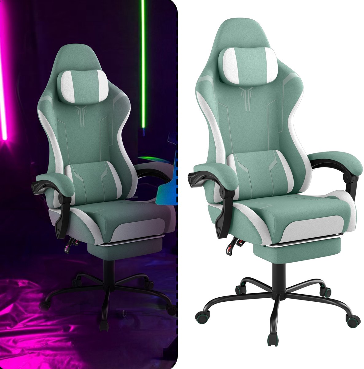 Aufun Gaming Stuhl - Ergonomische Computerstoel met Massage - Bureaustoel met Lendenkussen en Voetensteun - Gewatteerde Armleuningen en Hoofdsteun - Groen