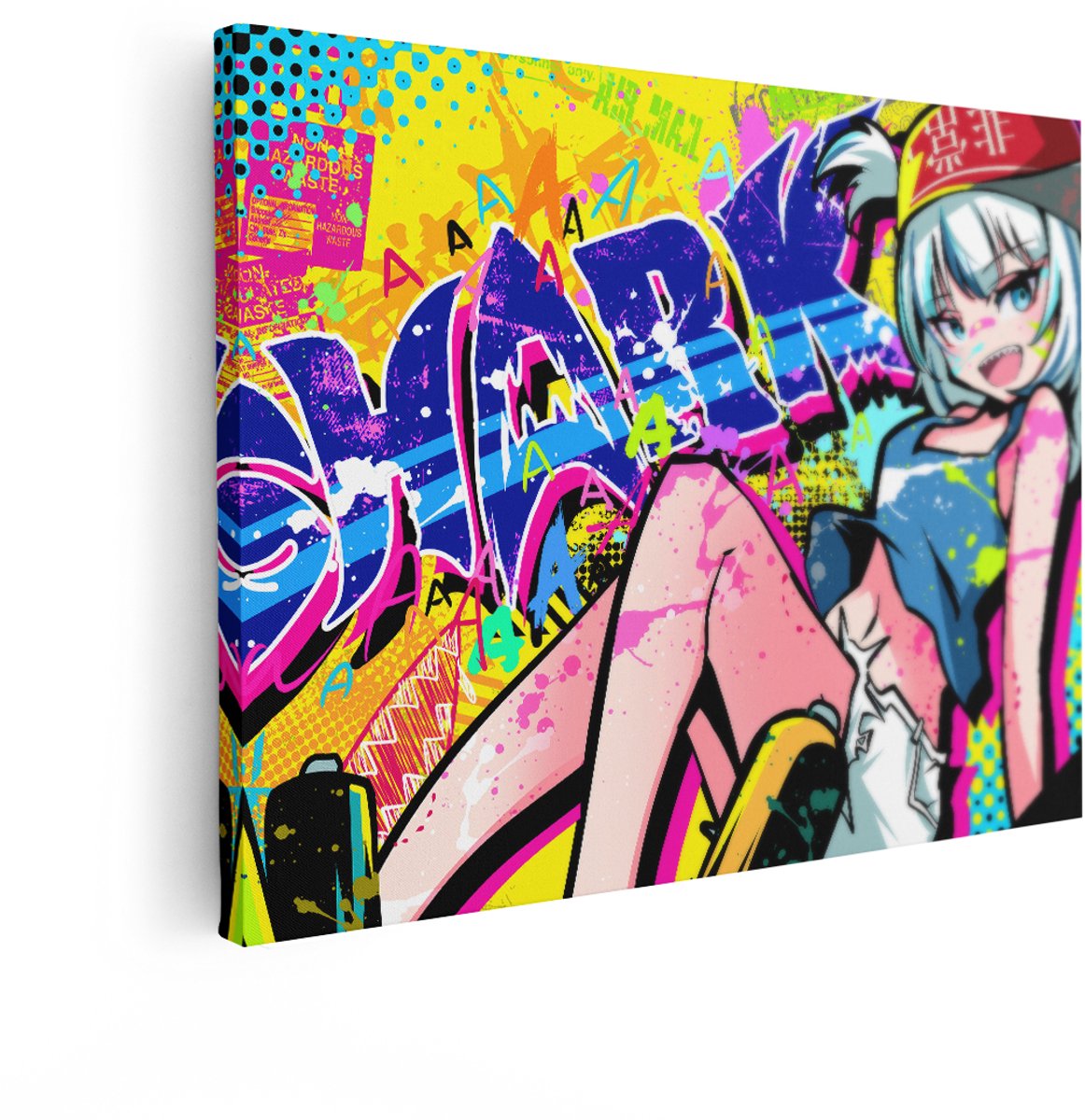 Artaza Canvas Schilderij Anime Meisje - 120x90 cm - Graffiti Wanddecoratie - Muurdecoratie Pop Art - Decoratie Slaapkamer - Kleurrijk