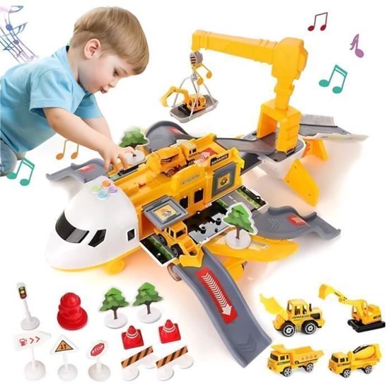 Foto: Speelgoed vliegtuig transportvliegtuig transportvliegtuig met baan led verlichting en geluid 6 bouwvoertuigen geel