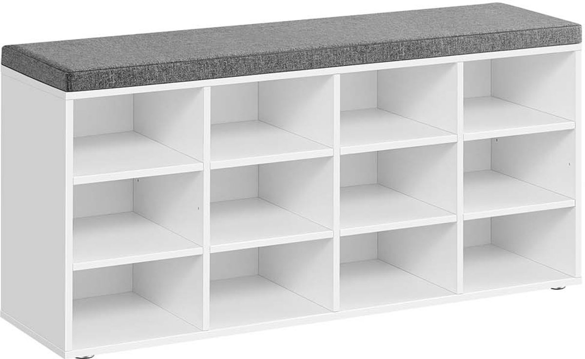 Schoenenbank Schoenenrek Opbergkast met 12 open vakken en zacht, comfortabel kussen Max. belasting 200 kg Geschikt voor hal en slaapkamer 30.3 x 104 x 48 cm Wit