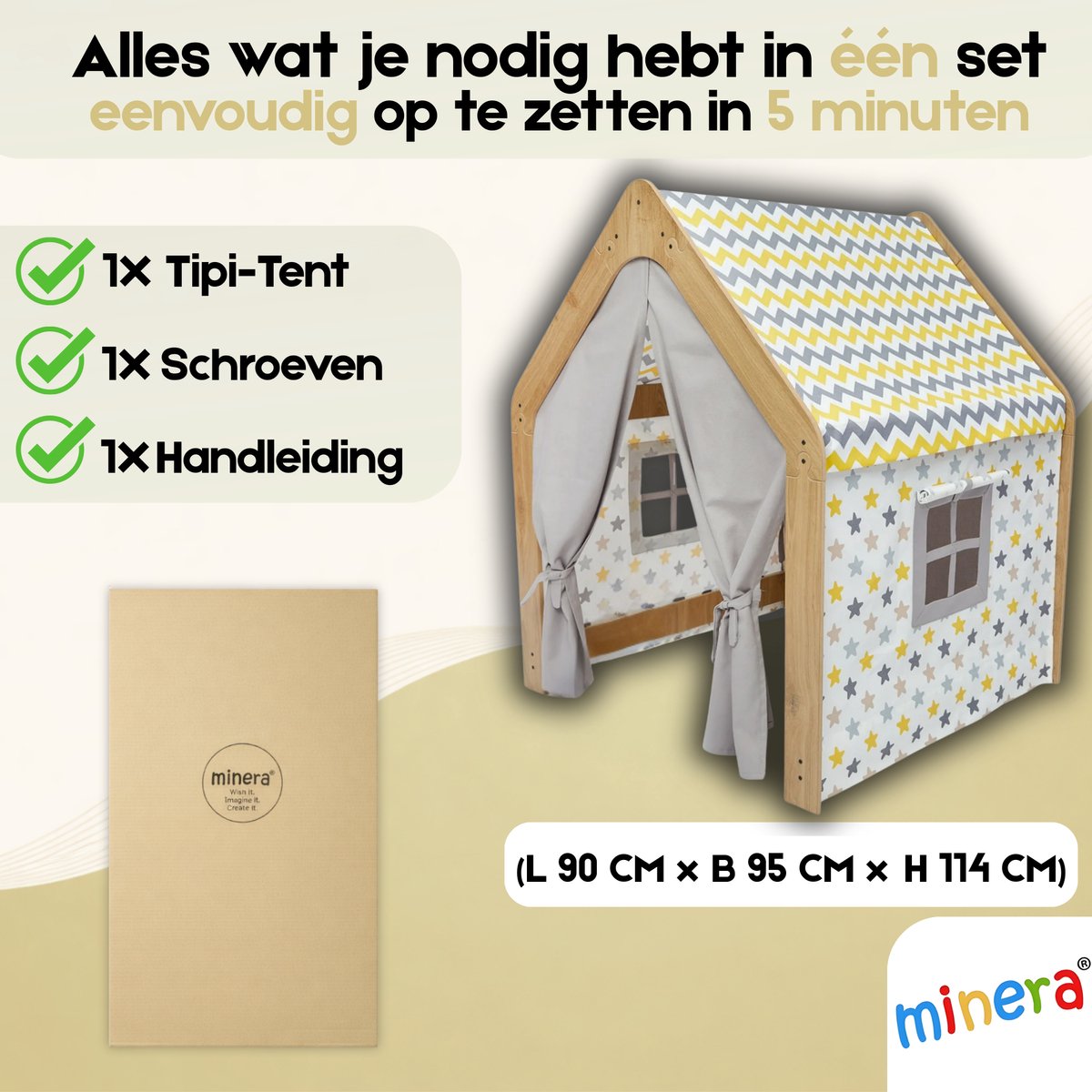 Minera® Tipi Tent - Speeltent - Jongens & Meisjes - Binnen Speelgoed - Speelhuisje voor Kinderen - Houten Kinderhuisje - Kindertent vanaf 1 tot 7 Jaar - Geel met Blauw — afbeelding 6