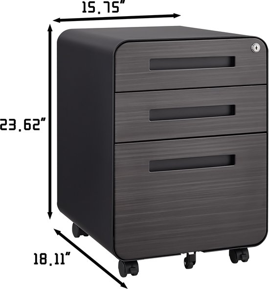 Ladeblok met drie laden, met afmetingen 15.75" breed, 23.62" hoog en 18.11" diep.