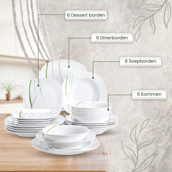 Luxe Serviesset- 24 delig - 6 persoons - Porselein - Bordenset - Dinner platen - Dessertborden - Soepplaat - Kom - Wit — afbeelding 4