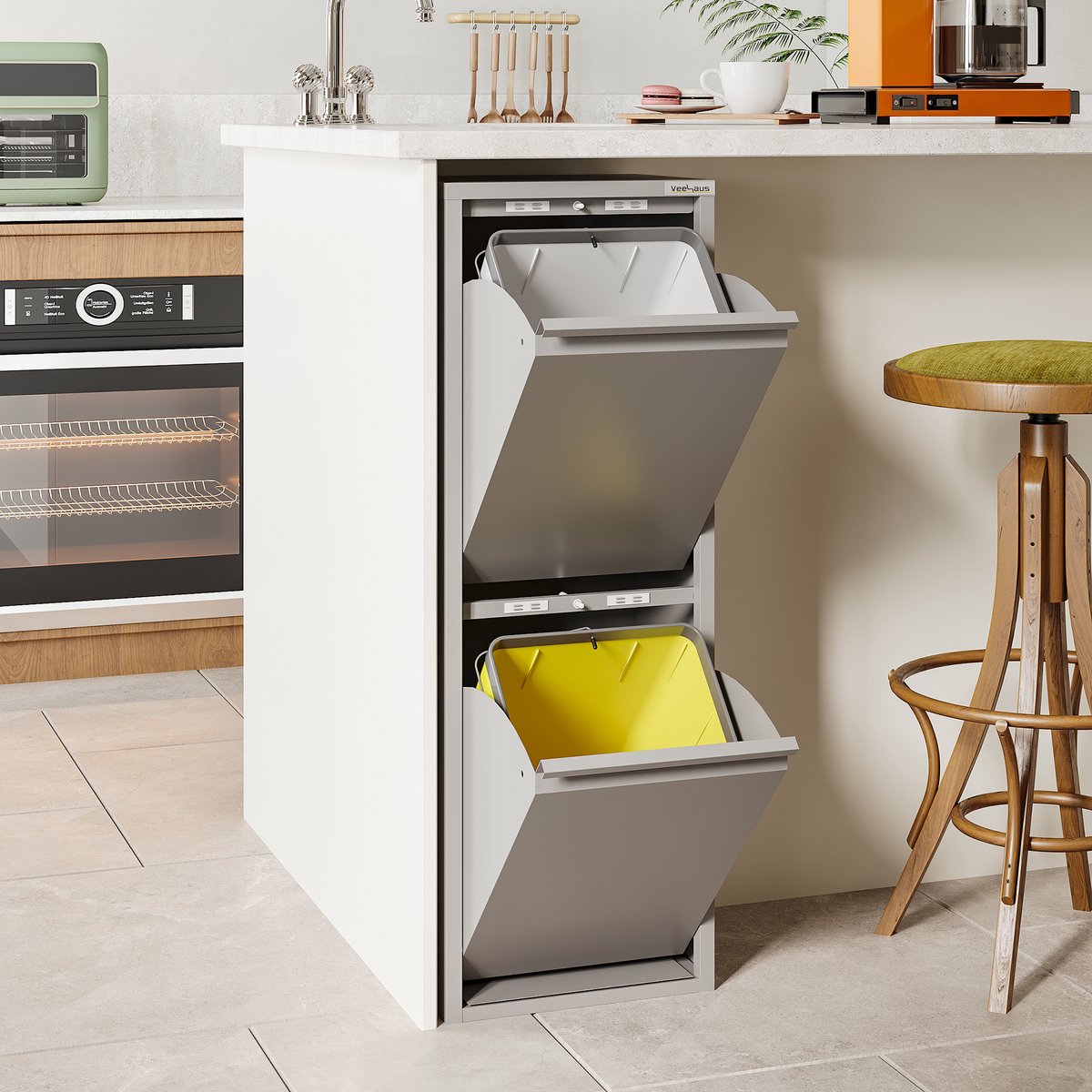 VEEHAUS – Allen - Prullenbak 2 vakken – Afvalemmer 30 Liter (2x 15L) – Grijs – Hygiënisch Recyclen - 2-vaks Prullenbak Afvalscheiding – Afvalbak Metaal - Afval Scheiden - Prullenbak