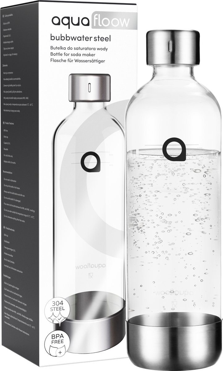 AquaFloow Waterfles voor Sodamaker – 0,8 L – PET met RVS Afwerking – BPA-vrij – 1 Stuk