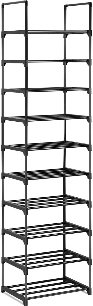 10-Laags Verticaal Schoenenrek - Ruimtebesparend Opbergsysteem met Multifunctionele Planken - Metalen Opbergrek voor Schoenen en Meer - Zwarte Stevige Constructie