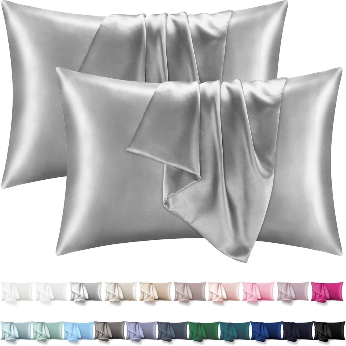 Famanu Satijnen kussenslopen 50x70 cm zilvergrijs set 2, premium dubbelzijdig satijn. Een veelzijdige en handige keuze voor dagelijks gebruik in en om het huis. Gris argenté