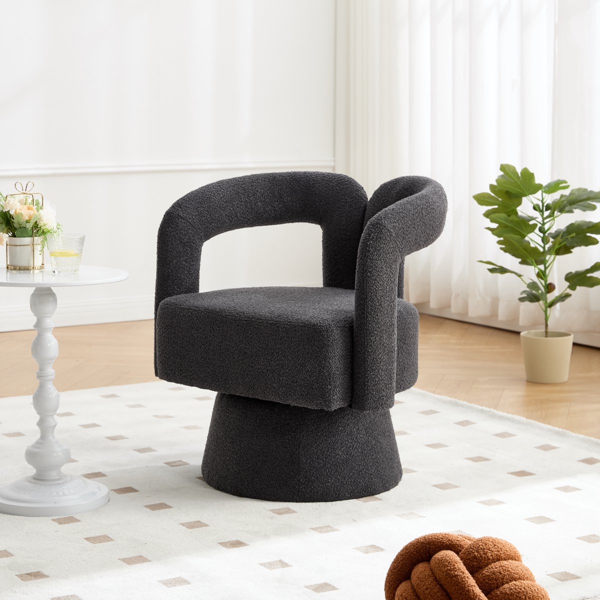 OKWISH Draaibare Fauteuil – 1 Persoons Bouclé Stoel Met 360° Draaivoet, Brede Zitting En Gevormde Sponsvulling – Metalen Basis – Donkergrijs