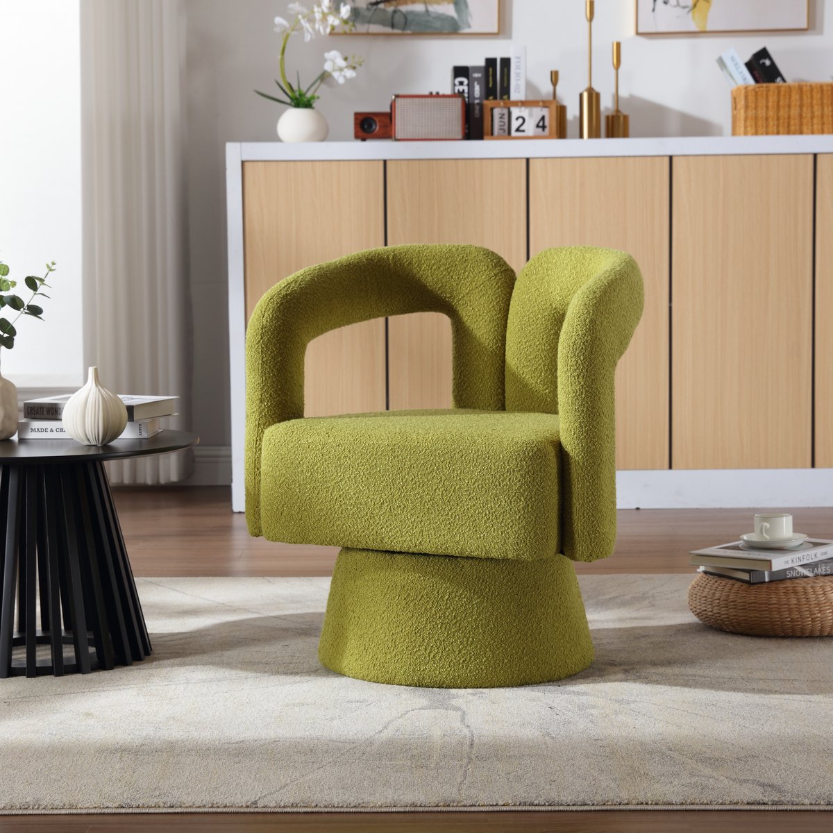 OKWISH Fauteuil – 360° Draaibare Kuschelfauteuil Met Brede Gevoerde Zitting En Holle Rug – Bouclé – Voor Woonkamer Slaapkamer Kantoor – Groen